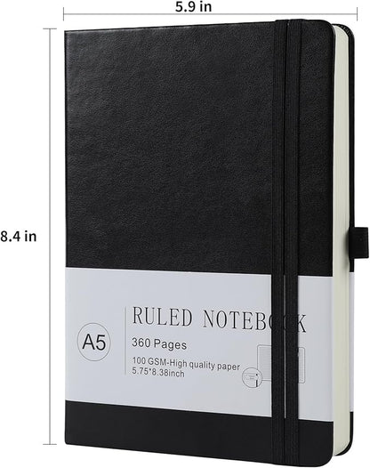 Journal Notebook Journal for Men/Women Journals for Writing A5 180Sheets 360Pages College Ruled Notebook 100gsm Lined Paper Leather Hardcover Journal 5.9'' X 8.4'' (Black)