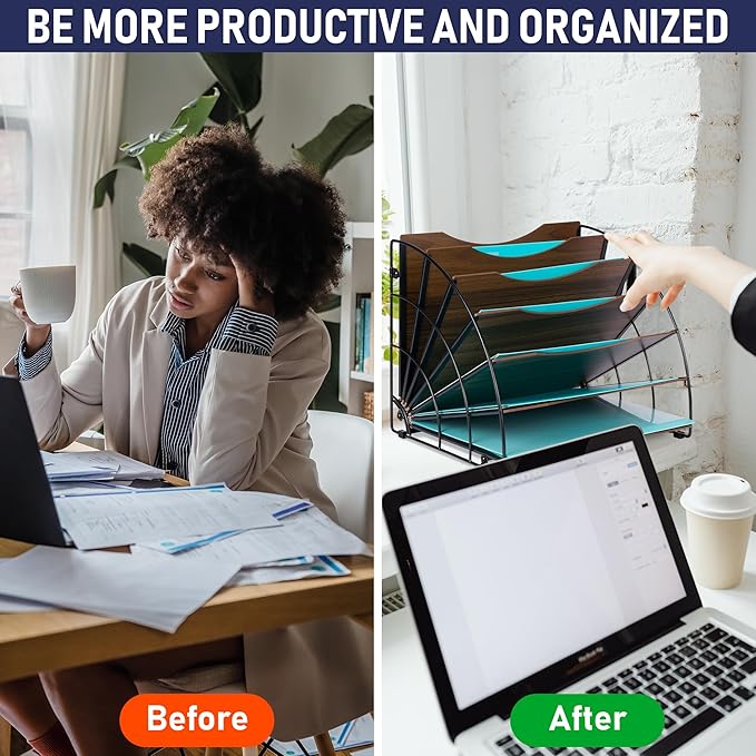 Dasher Products Fan-Shaped Office Desk Organizer, 6 Compartments with Wood-Patterned Shelves for Storing Paper, Bills, Letters, and Office Supplies. Multi-Functional Desk Organizers and Accessories
