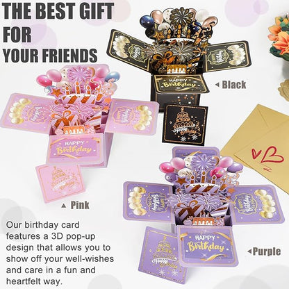 Surprise Pop Up Happy Birthday Cards, Lovely 3D Birthday Card for Adults and Kids with Envelopes, Unique Design Handmade Foldable Greeting Cards for Daughter, Son, Mom, Dad, Friend（Black）