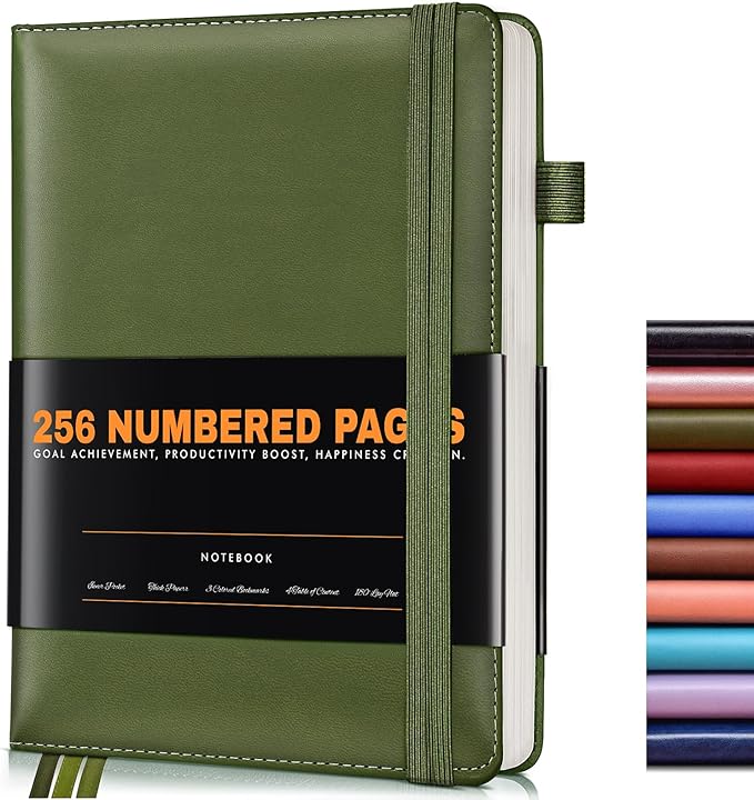 Lined Journal Notebook for Women Men, 256 Numbered Pages Hardcover Leather Journals for Writing, A5 Journaling Notebooks, College Ruled Journal for Business Work School 5.75" x 8.38" Olive Green
