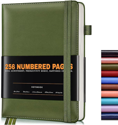 Lined Journal Notebook for Women Men, 256 Numbered Pages Hardcover Leather Journals for Writing, A5 Journaling Notebooks, College Ruled Journal for Business Work School 5.75" x 8.38" Olive Green
