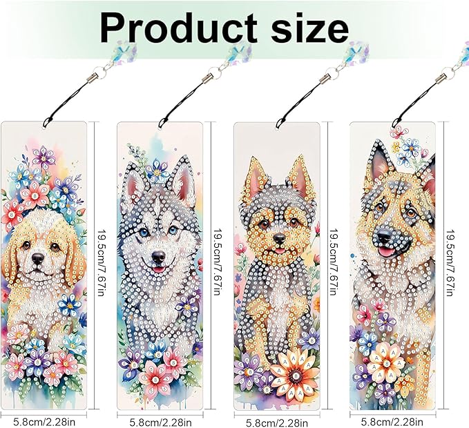 4 Pieces Diamond Art Painting Bookmarks for Adults 5D Floral Rhinestone Bookmarks Animal Dog Art Bookmarks DIY Diamond Painting Bookmarks with Tassels Crafts Supplies