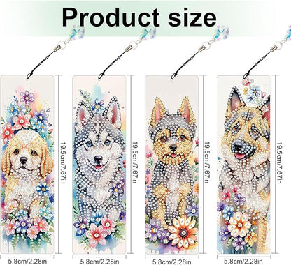 4 Pieces Diamond Art Painting Bookmarks for Adults 5D Floral Rhinestone Bookmarks Animal Dog Art Bookmarks DIY Diamond Painting Bookmarks with Tassels Crafts Supplies