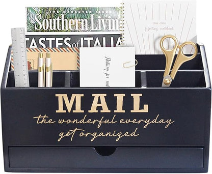 Wooden Black Rustic Countertop Mail Storage Holder with Drawer and Compartments - Office Desk Accessories and Workspace Organizers - Desktop Sorter for Pen Stationery Letter Files Documents