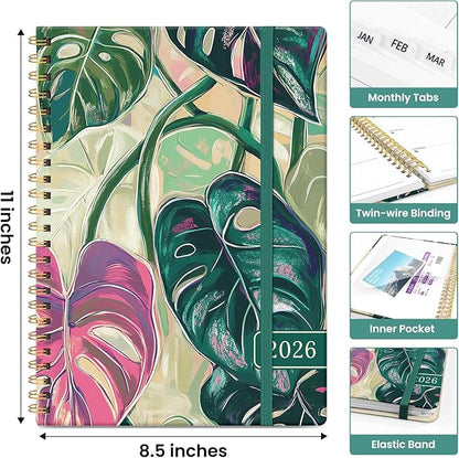 2026 Planner, Aesthetic Weekly and Monthly Planner for Women, Jan 2026 to Dec 2026, Hardcover 2026 Calendar Book with Monthly Tabs, Inner Pocket, Perfect for Office Home School - A4 (8.5" x 11"), Monstera