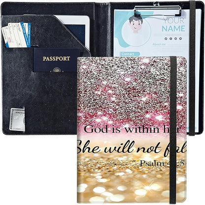 PU Leather Padfolio Clipboard Notepad with Pen Loop and Elastic Strap Interview/Resume Document Organizer for Business School Office,Christian Bible Psalm 46-5