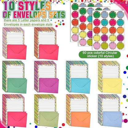 TaoBary 160 Packs Stationery Paper Set (50 Double Sided Stationery Writing Papers 50 Matching Envelopes) 60 Round Dot Sticker, 10 Design(Dot,5.5 x 8.25 Inch)