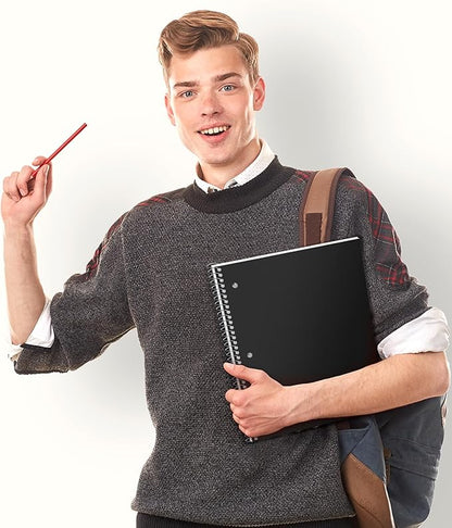 Dunwell College Ruled Spiral Notebook (Black), 1 Subject Notebook 8.5 x 11 for School, Plastic Cover, Pocket Divider, 100 Sheets (200 Pages), 3-Hole Punched Perforated 8 1/2 x 11 Paper