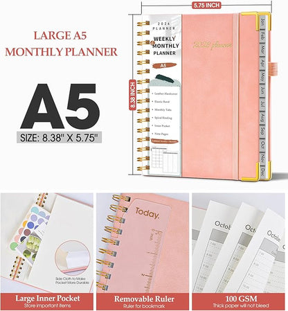 2026 Planner, Weekly and Monthly Calendar Planner from January 2026 - December 2026, 5.75" x 8.38" Hardcover Leather Hourly Appointment Book with Tabs, A5 Spiral Daily Planners for College School Work Home, Pink
