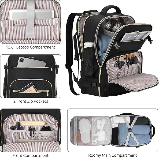 Travel Backpack for Women, Carry On Backpack for Airplanes Flight Approved, Waterproof Large Weekender Overnight Bag Fit 15.6 Inch Laptop with USB Charging Port, Black