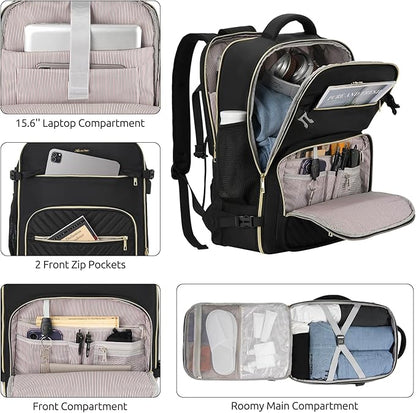 Travel Backpack for Women, Carry On Backpack for Airplanes Flight Approved, Waterproof Large Weekender Overnight Bag Fit 15.6 Inch Laptop with USB Charging Port, Black