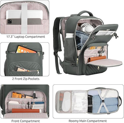 Travel Backpack for Women, Carry On Backpack for Airplanes Flight Approved, Waterproof Large Weekender Overnight Bag Fit 17 Inch Laptop with USB Charging Port, Olive Green