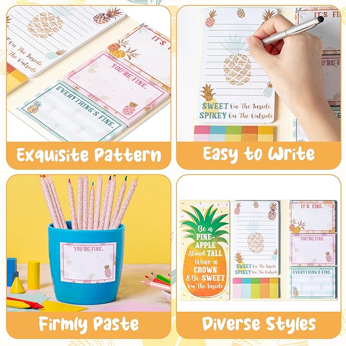 B1ykin Sticky Notes Set - Cartoon Theme Cute Self-Stick Notes Pad Teacher Appreciation Gifts， Self-Adhesive Writing Memo Pages Sticky to Do Notepad for Kids Employee School Office (Pineapple)