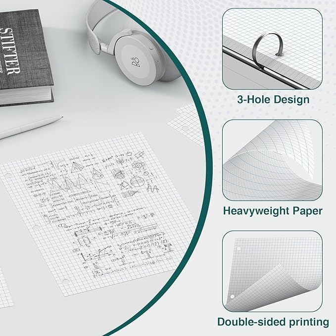 360 Sheets Quad Ruled Graph Paper, 3 Hole Punch Paper 8 x 10.5 White, Loose Leaf Graph Paper,Filler Paper 4 x 4 Graph Rule, Notebook Paper for 3 Ring Binder, Engineering Paper for School Home Business