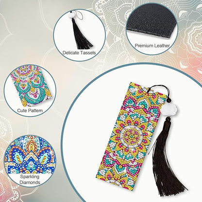 Anseal 3 Pcs 5D Diamond Bookmarks Painting for Book Lovers, Mandala PU Leather Diamond Dotz Art Bookmark for Adults, Tassel Beaded Book Mark for Graduation Birthday Reading Present