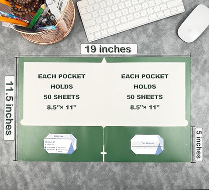 BIBRADAA® 50 Packs Dark Green Pocket Folders,Paper Folder Surface with Waterproofing,Letter Size,Holds 100 Plus Sheets,for School,Office,Business. (50, Dark Green)