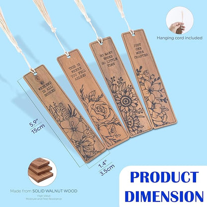Flower Bookmark – Set of 4 Wooden Bookmarks with Tassels, Made from Walnut Wood,Funny Bookmark Gift for Men and Women, Novelty Gag Bookmark for Book Lovers,Christmas Stocking Stuffer