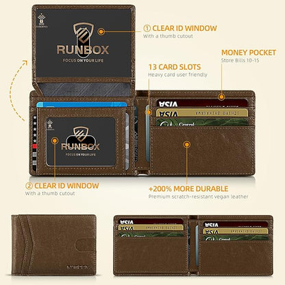 RUNBOX Wallet for Men Slim Rfid Leather 2 ID Window With Gift Box