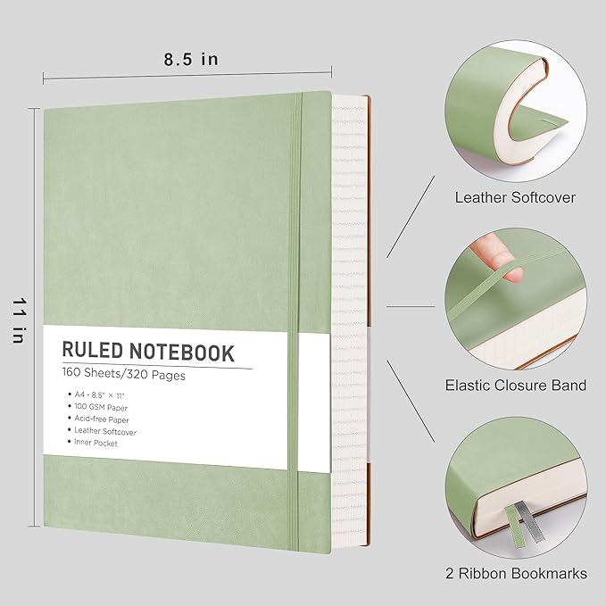 RETTACY Journaling Notebooks, A4 Lined Notebook Journal with 320 Pages, 8.5" × 11", Large Size, Notebook Journal for Work, School, Writing, Leather Softcover, 100 GSM Thick Paper (Light Green)