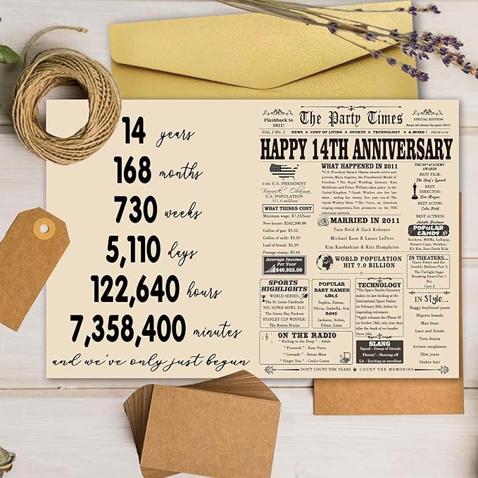 YiKaLus Large 14th Anniversary Card Gift for Him Her, Vintage 14 Year Wedding Anniversary Decoration for Women Men, 14th Aday Gifts for Husband Wife