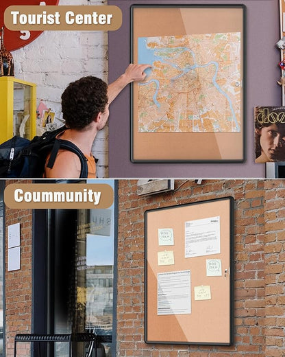 38"x28" Enclosed Bulletin Board, Lockable Weather-Resistant Aluminum Cork Noticeboard for School & Office, Black Frame w/Cork