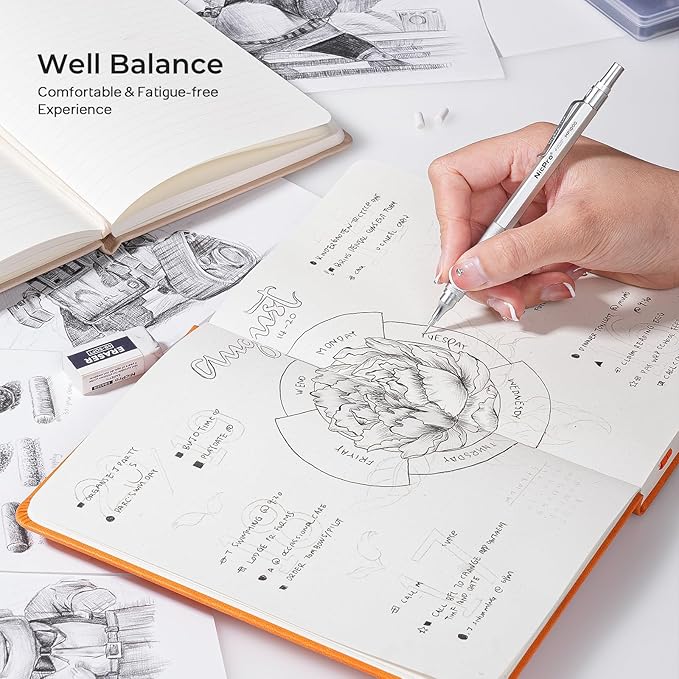 Nicpro 0.9 mm Metal Mechanical Pencil Set with Case, with 3PCS MP1000 0.9mm Drafting Pencil, 8 Tubes HB Lead Refills, 3PCS Eraser, Erasers Refills for Artist Writing, Drawing, Sketching, Silver