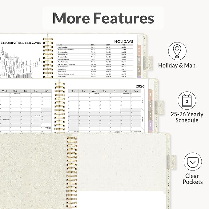SUNEE 2026 Weekly & Monthly Planner 9"x11.2"- 12 Month (January 2026 - December 2026), Linen Cover, Pocket, Bookmark, Notes, Monthly Tab, Beige