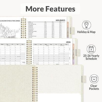 SUNEE 2026 Weekly & Monthly Planner 9"x11.2"- 12 Month (January 2026 - December 2026), Linen Cover, Pocket, Bookmark, Notes, Monthly Tab, Beige
