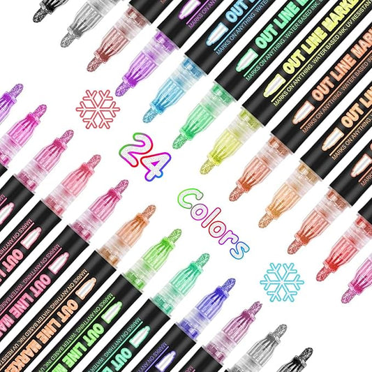 Shimmer Markers Double Line Outline Markers, 24 Colors Squiggles Shimmer Outline Markers Pen Set for Drawing Art School Supplies, Glitter Markers Set for Cards Lettering, Gift for 4-12 Year Old Girl