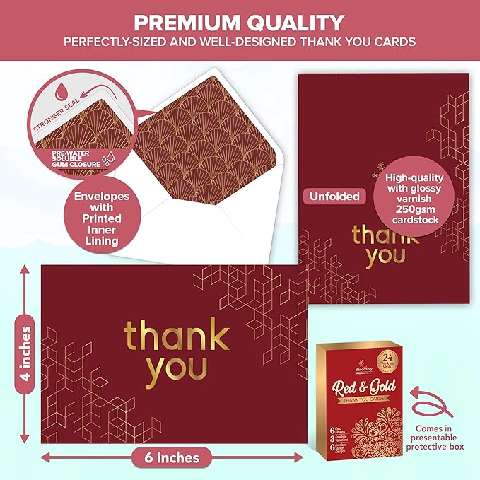 Decorably 24 Pack Gold-Foiled 6x4in Red Thank You Cards with Envelopes and Stickers, 6 Elegant Designs Red and Gold Thank You Cards, Blank Inside - Wedding, Holidays