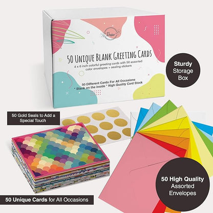 Dessie 50 Different Blank Cards With Envelopes - 4x6 Inch Blank Greeting Cards w/Colored Envelopes & Gold Seals. Colorful Designs - No Repetition. All Occasion Note Cards with Envelopes Set