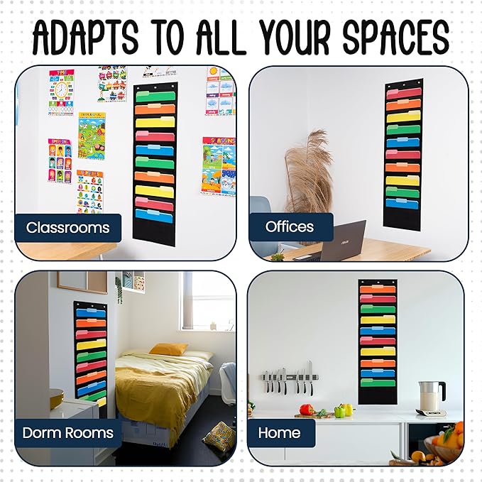 10 Pocket File Pocket Chart, Black, 14" Wide x 47" Tall - Versatile Wall Hanging File Folder Organizer for Classroom, Office, Home, and More - Wall Folder Organizer - 10 Pockets