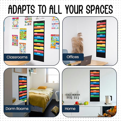 10 Pocket File Pocket Chart, Black, 14" Wide x 47" Tall - Versatile Wall Hanging File Folder Organizer for Classroom, Office, Home, and More - Wall Folder Organizer - 10 Pockets