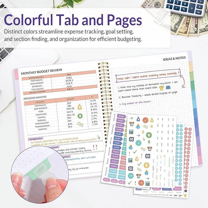 SUNEE Budget Planner - Monthly Budget Book with Expense Tracker Notebook, A4(8.5" x 11") Undated 12 Month Bill Organizer & Finance Planner to Manage Your Money, Account Book with Colorful Tab, Purple