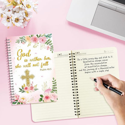 2 Pack A5 Floral Cross Religious Spiral Notebooks - She Will Not Fall Bible Verses Writing Notebooks, Ruled Hardbound Lined Journal, Christian Christmas Gift, Sunday School Supply (Pink Gold)