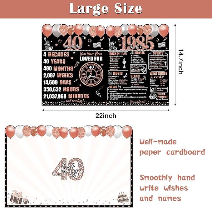 Zirtorei Large 40th Birthday Card With Envelope for Women, Back in 1985 Big 40th Birthday Greeting Card Gifts, Rose Gold Happy 40 Birthday Giant Guest Book, Jumbo Forty Bday Decorations Party Supplies
