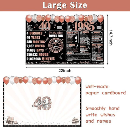 Zirtorei Large 40th Birthday Card With Envelope for Women, Back in 1985 Big 40th Birthday Greeting Card Gifts, Rose Gold Happy 40 Birthday Giant Guest Book, Jumbo Forty Bday Decorations Party Supplies