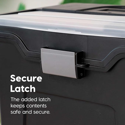 IRIS USA File Box with Lid File Organizer for Letter File w/ Organizer-Lid, Plastic Mobile Filing Organizer, Water Resistant Document Box, Portable File Box with Handle, Secure Buckle, Lockable, Black