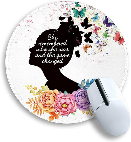 Gctriki Round Mouse Pad, Cute Butterfly Flower Mousepad for Laptop Gaming Women, with Stitched Edge Non-Slip Rubber Base, Feminist Inspirational Quote Mouse Pad, Home Office Decor Desk Accessories