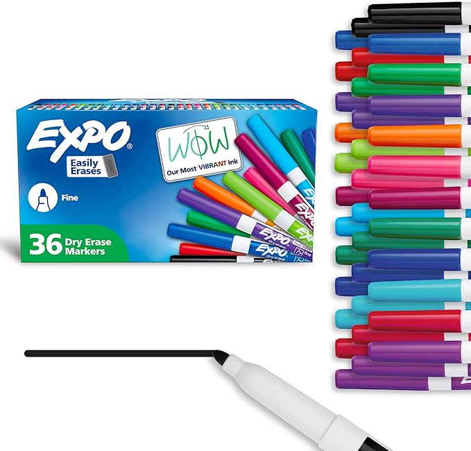 EXPO Fine-Tip Low-Odor Ink Dry Erase Markers, Assorted Vibrant Colors, Pack of 36 Markers for Classrooms, Offices & Homes