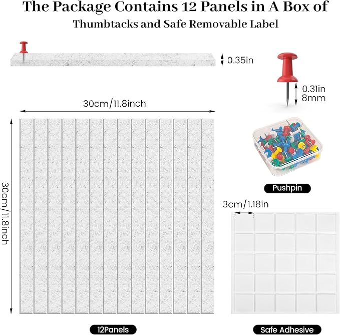 Large Cork Board for Office White Grey Felt Board Alternative-12 Pack Felt Wall Tiles for Office Wall Decor,Felt Bulletin Board Tiles,Push pin Board Wall Organizer for Office