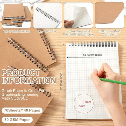 Graph Paper Spiral Notepad A5 Top Wirebound Notepad Grid Notebook Steno Pads Memo Notebook Grid Paper 140 Pages for Writing Sketching Drawing Office Supplies(Kraft,2 Pack)