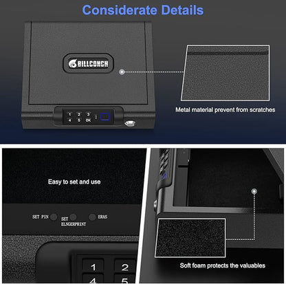 Gun Safe,Biometric Gun Safe for Pistols 3-Ways unlock Fingerprint Digital PIN Key Unlock with Voice, Lock box for Cloakroom living room Bedroom Nightstand and Car BILLCONCH