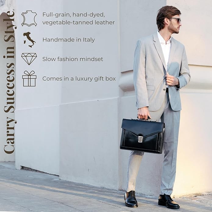 Time Resistance Leather Briefcase for Men - Business Laptop Bag - Italian Handmade Leather Bag - Attache - Gift Box Included