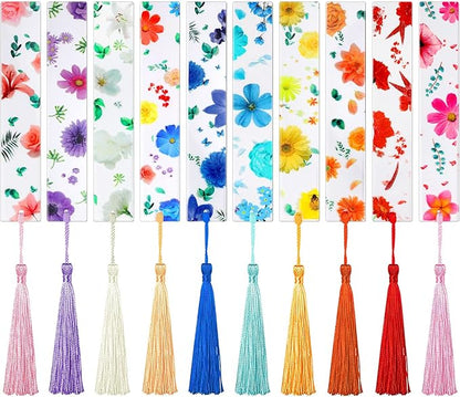 10 Pieces Flower Resin Bookmark Transparent Floral Bookmarks for Women Cute Bookmarks Flower Page Marker with Tassels, Christmas Gifts Stocking Stuffers for Women Kids