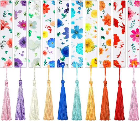 10 Pieces Flower Resin Bookmark Transparent Floral Bookmarks for Women Cute Bookmarks Flower Page Marker with Tassels, Christmas Gifts Stocking Stuffers for Women Kids