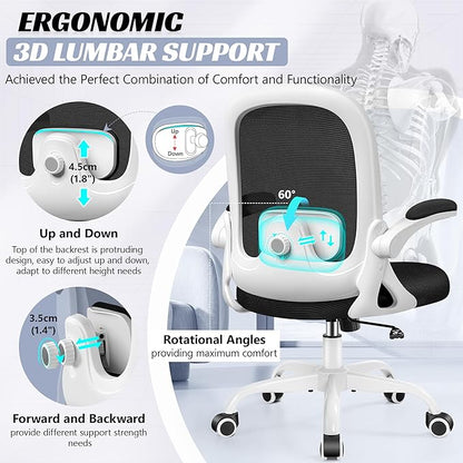 Office Chair Ergonomic Desk Chair with Adjustable 3D Lumbar Support and Height, Comfy Mesh Computer Chair with Flip-up Armrests, Swivel Rolling Task Chair with Wheels for Home Office (White)