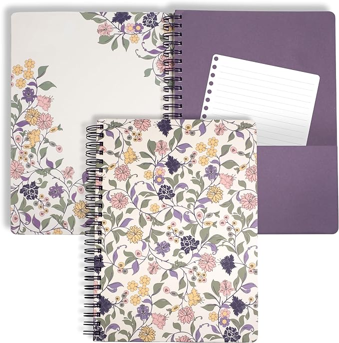 Steel Mill & Co Cute Floral Mini Spiral Notebook, 8.25" x 6.25" Journal with Durable Hardcover and 160 Lined Pages, Purple Vine Ditsy