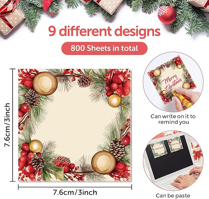 9 Pieces Vintage Christmas Sticky Note Vintage Design Christmas Self-Adhesive Note Pads Christmas Sticky Memo Notes for Xmas School Office Home Supplies Students Teachers Present 9 Styles