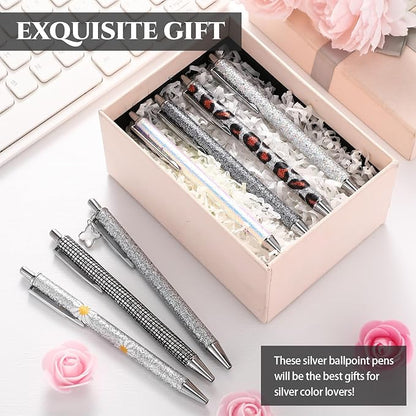 Sherr 7 Pcs Fancy Pens for Women Cute Sparkly Glitter Pens with 10 Pcs Black Ink Refills Pretty Gifts for Girls Office School Christmas Graduation(Silver,Bright)